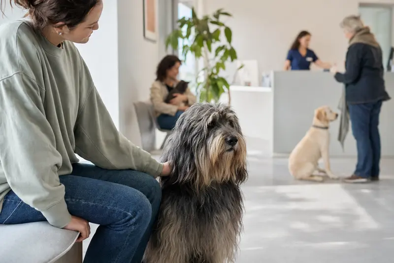 Ein Bergamasker Hirtenhund sitzt ruhig neben seinem Besitzer im hellen Wartezimmer einer modernen Tierarztpraxis.